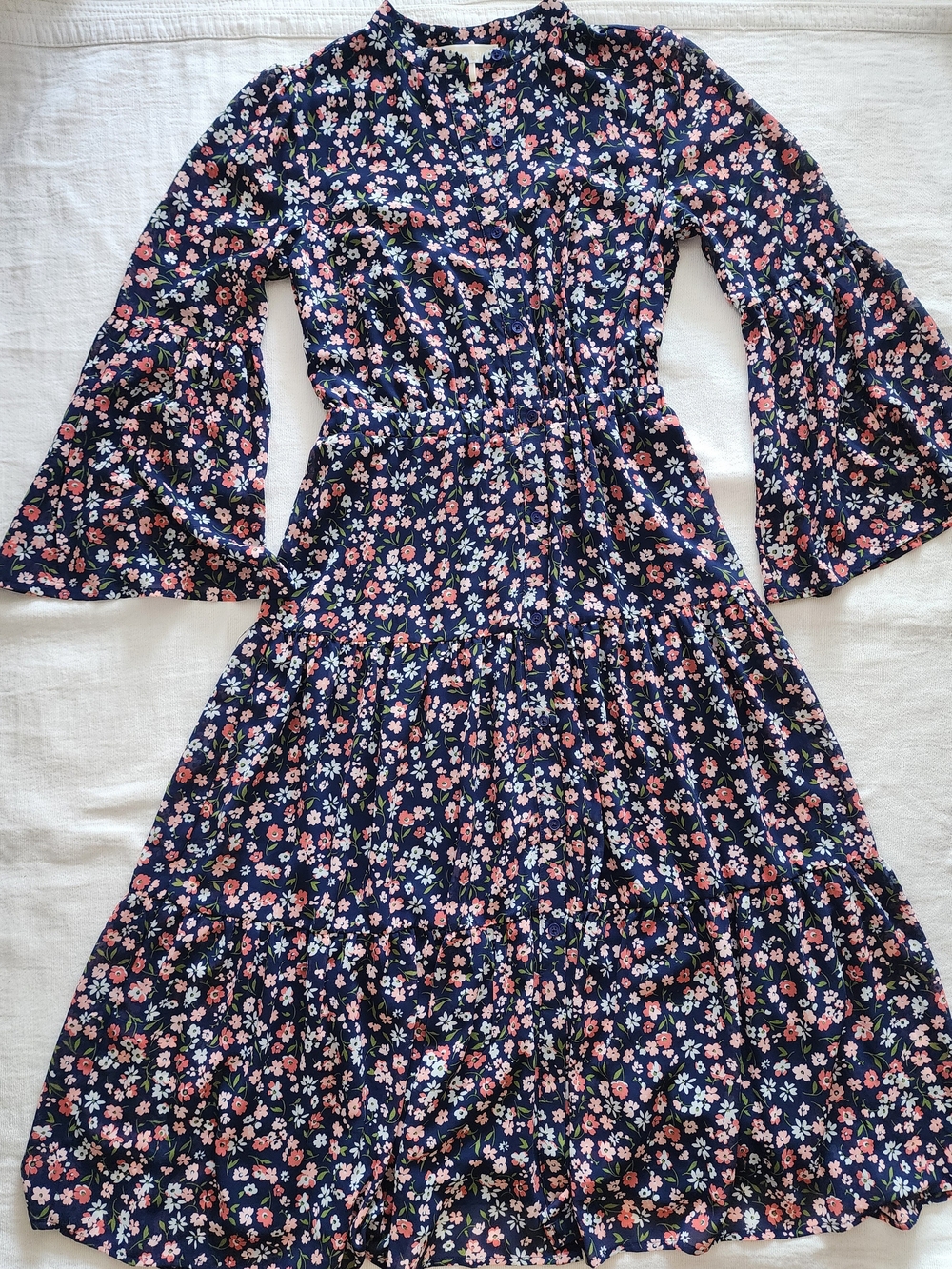 Michael Michael Kors Floral Bell Sleeve Tiered Midi Dress Navy Pink Size S